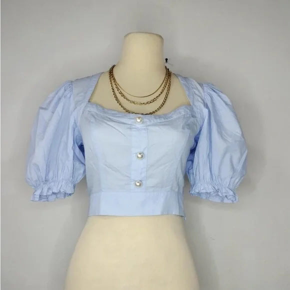NWT Zara PEARL BUTTON CROP TOP Size XS Blue 7755/485/406 - Picture 3 of 8